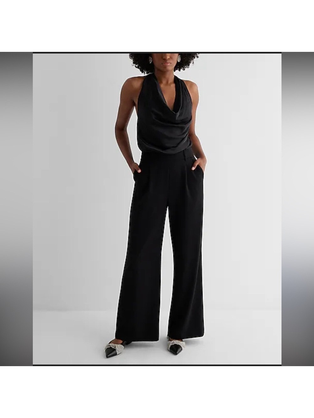 Express Black Wide Leg Satin Top Jumpsuit Adjustable Straps Size Medium Petite